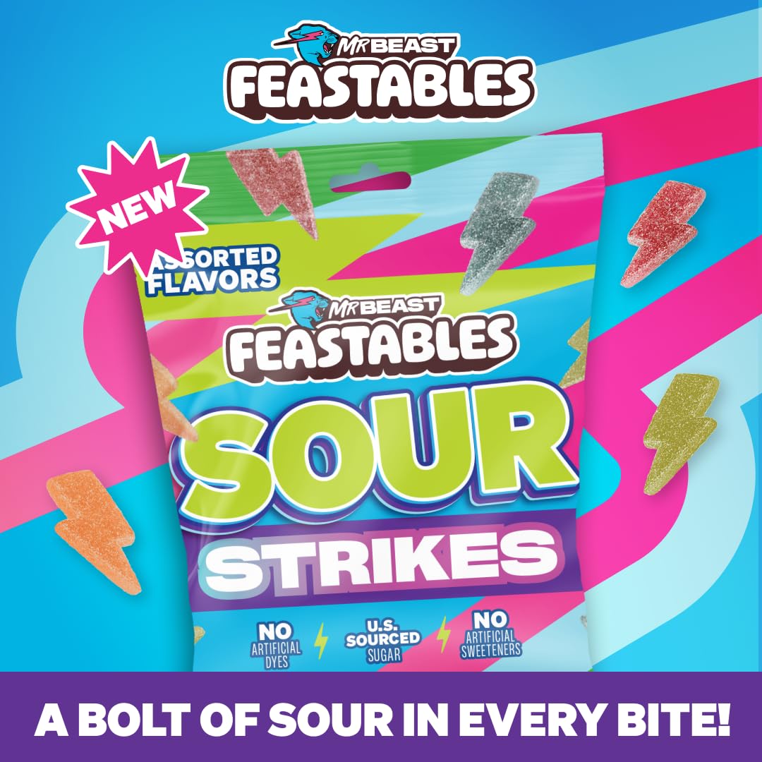 Feastables Mrbeast Strikes Sour Candy  Mixed Gummies With Watermelon  Green Apple  Strawberry  and Raspberry Flavors  Candy for mature-themeds & Kids as Snacks or Dessert  Made With Fairtrade Sugar  12CT