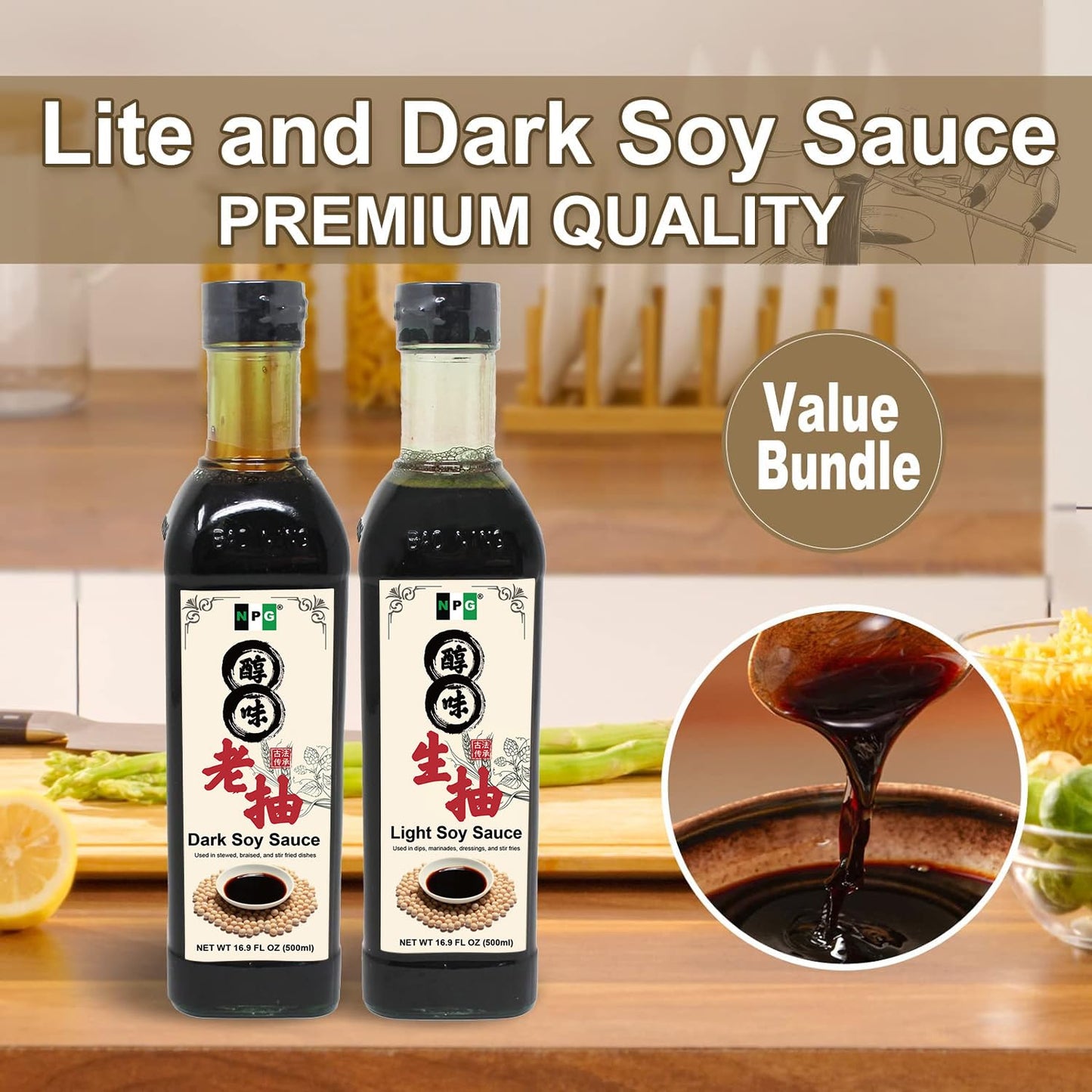 NPG Premium Light and Dark Soy Sauce Set 16.9 FL Oz (Pack of 2) , Soy Dipping Sauces for Fish, Dumpling, Noodles, and Marinade M