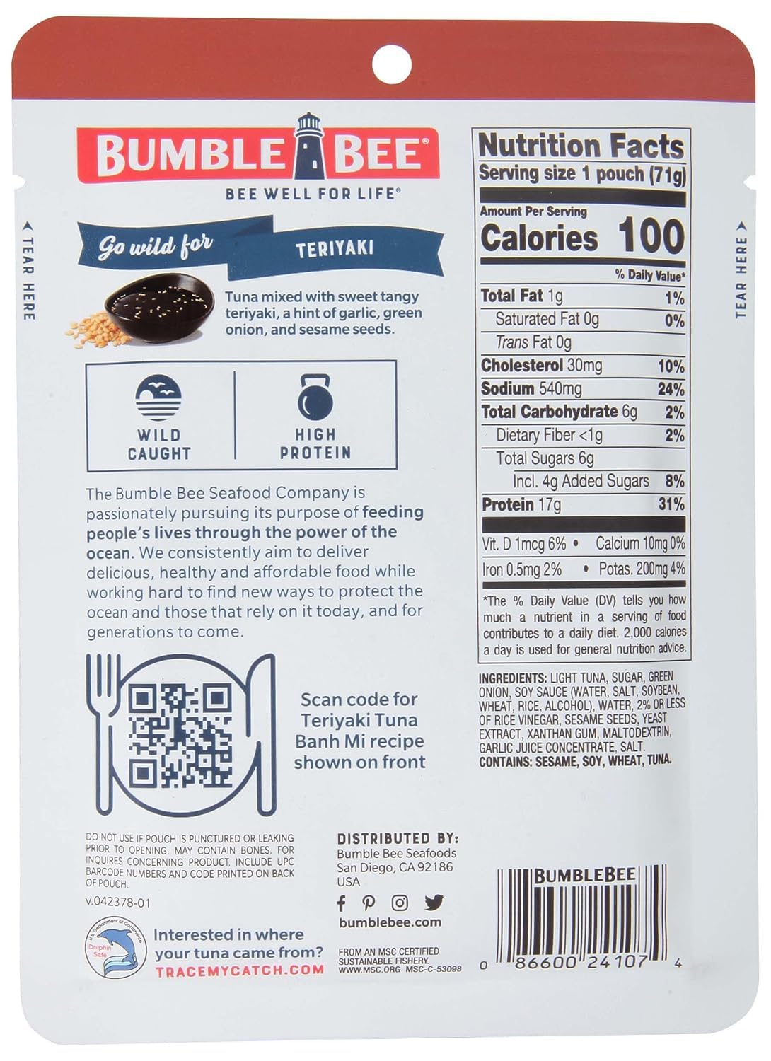 Bumble Bee Teriyaki Seasoned Tuna Pouches, 2.5 oz, Pack of 12, Wild Caught, 17g Protein per Serving