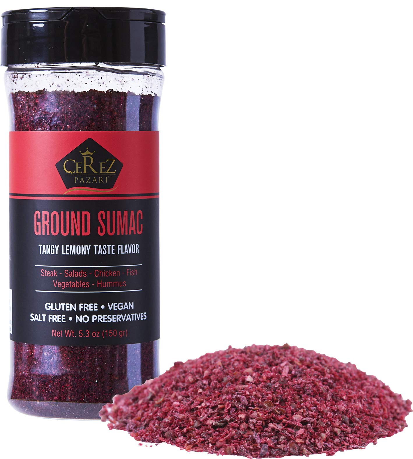 Cerez Pazari - Sumac Spice Powder - Turkish Sumac Seasoning - 5.2Oz Easy To Use Flapper Spice Cap- Tangy Lemony Taste Flavor- Gl