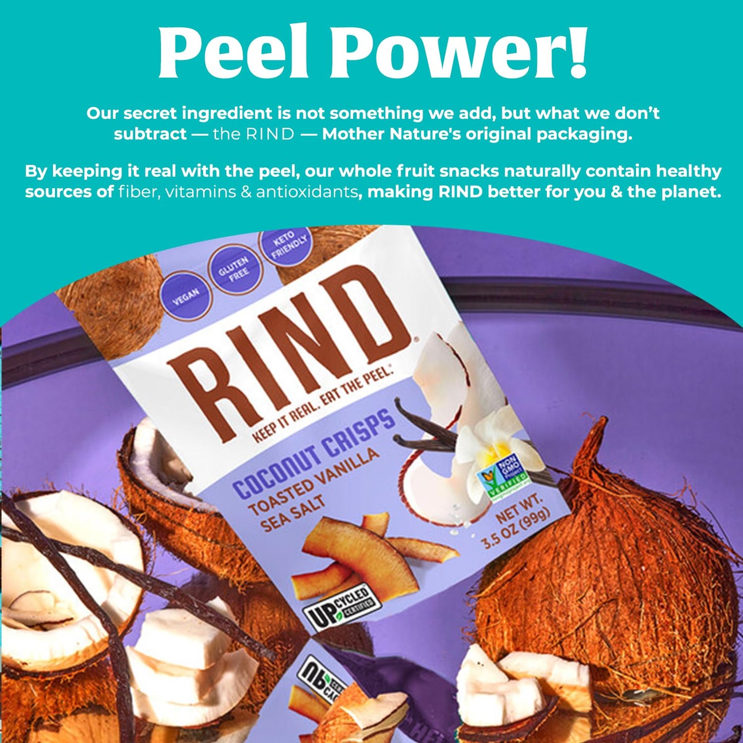 RIND Snacks | Coconut Crisps with Toasted Vanilla & Sea Salt | Dried Fruit Superfood | Snack Chips | Low Carbs | High Fiber | Ke