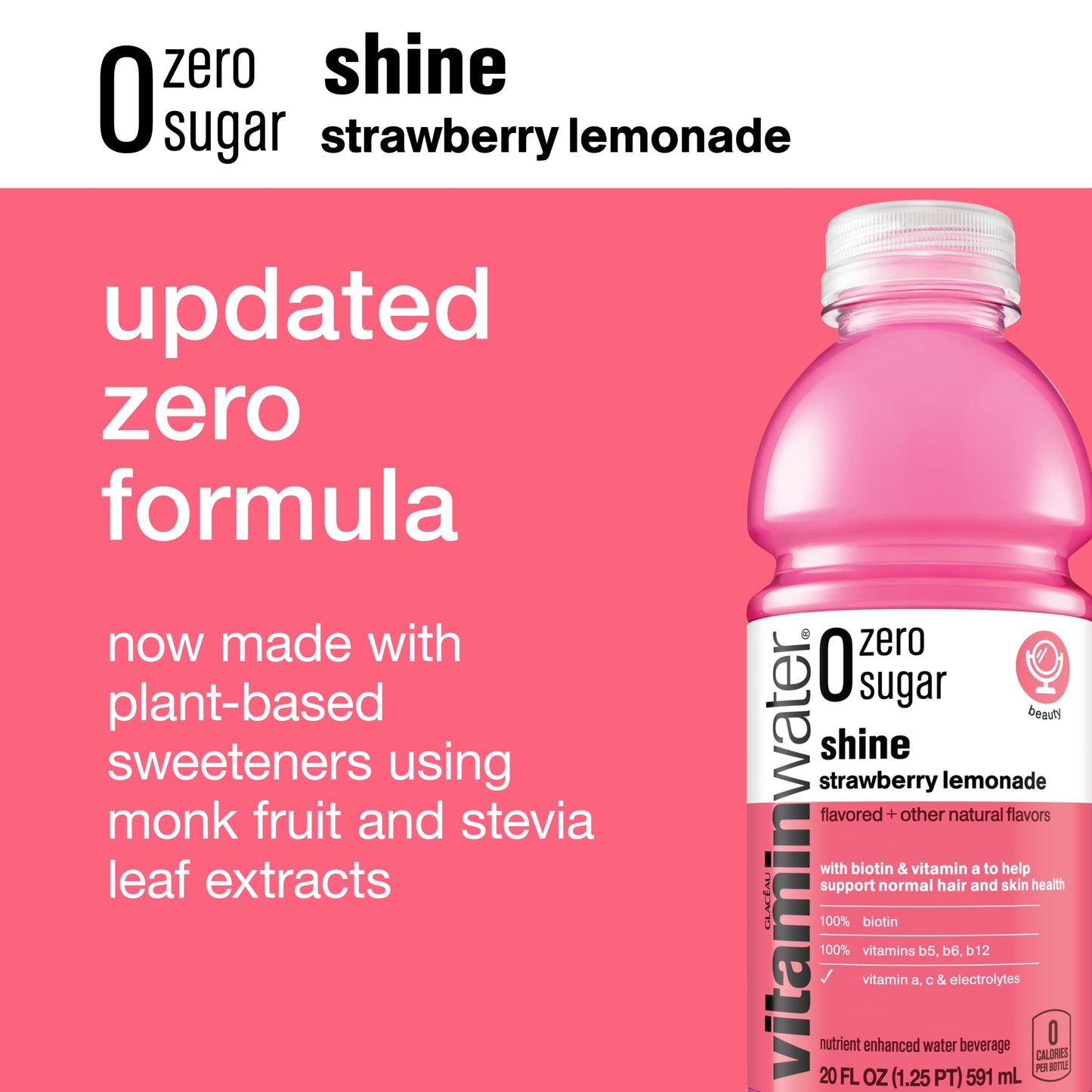 vitaminwater Zero Sugar Shine Strawberry Lemonade, Electrolyte Enhanced Water, 20 Fl Oz, 12 Pack