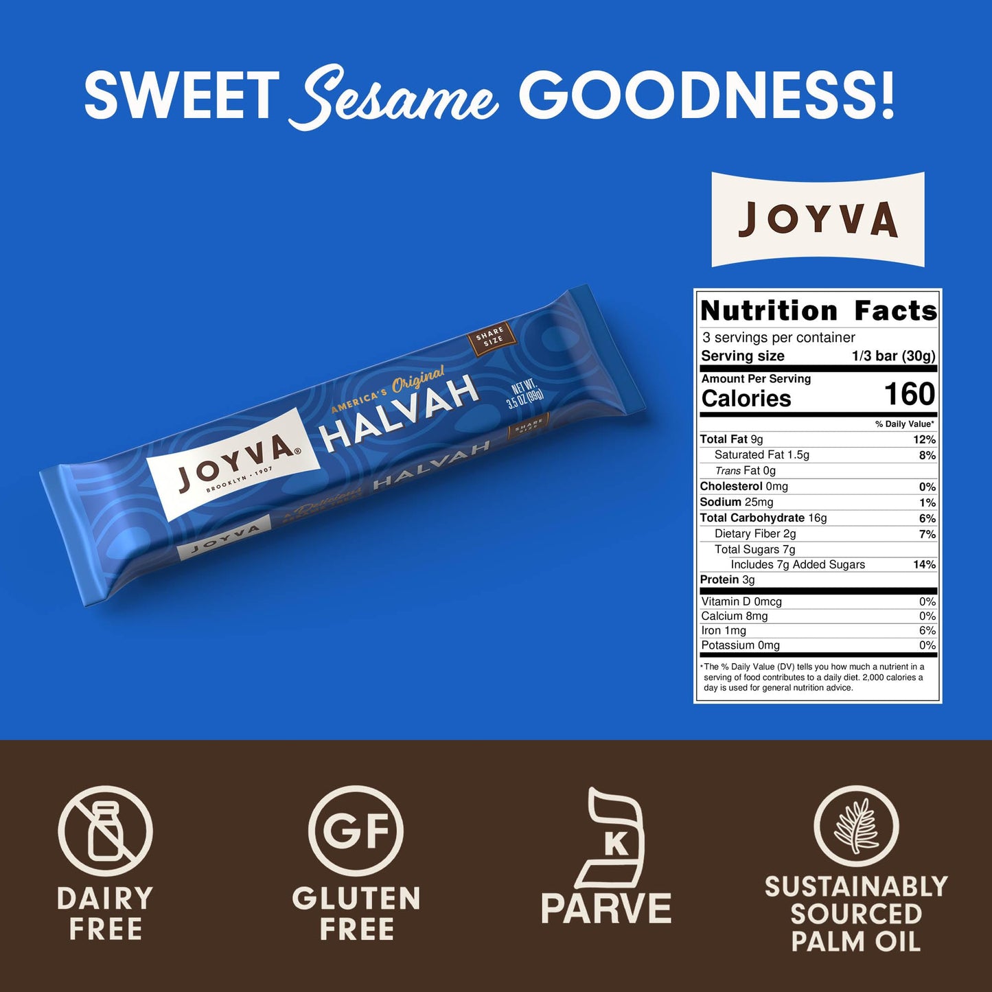 Joyva Halvah - Original, 3.5Oz, Pack Of 20 | A Delicious Sesame Treat | Dairy Free, Gluten-Free & Kosher Parve | Handcrafted In