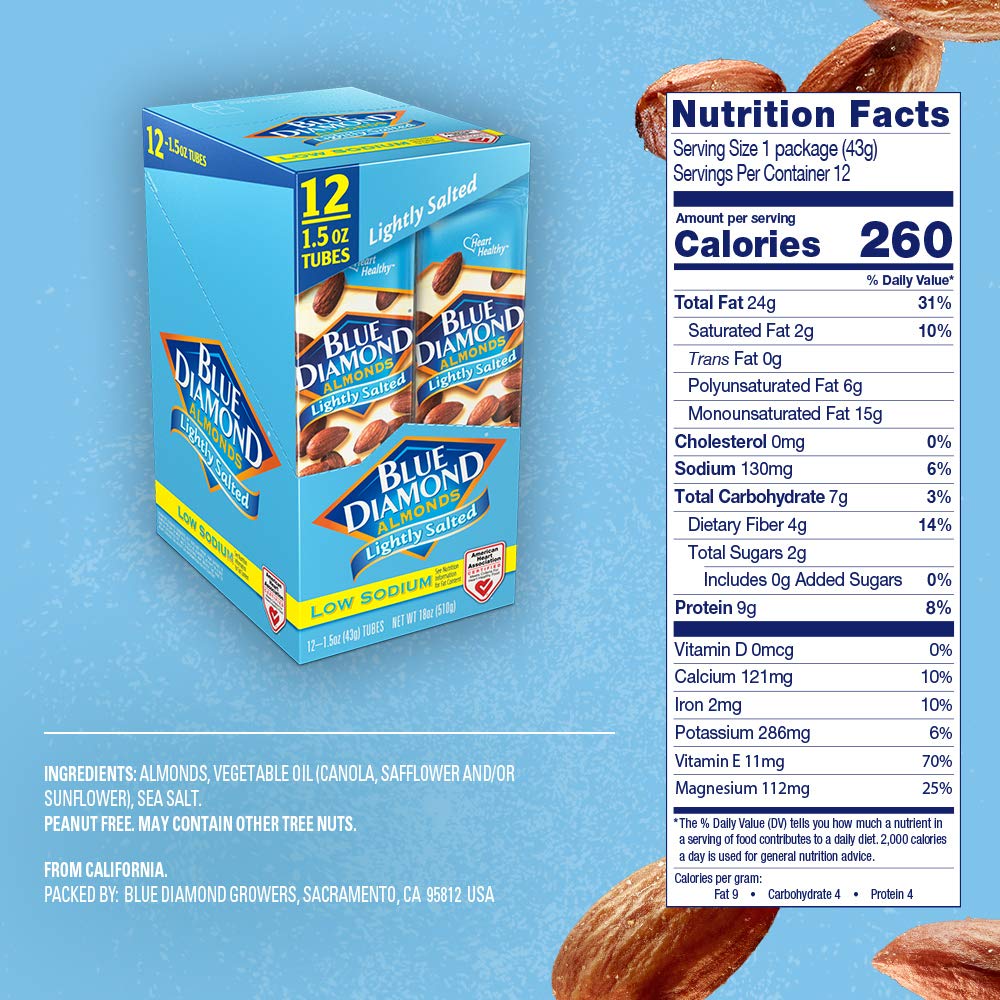 Blue Diamond Almonds, Low Sodium, Lightly Salted Flavored Snack Nuts, Single Serve Bags (1.5 Oz. Tubes, Pack Of 12)