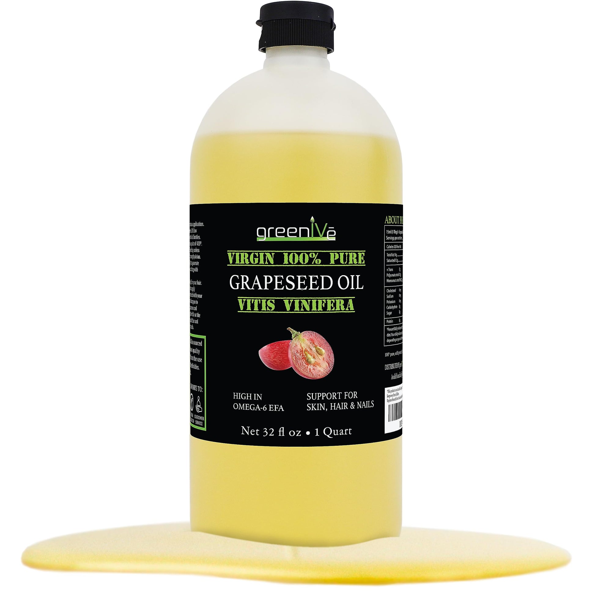 Greenive Grapeseed Oil Organically Grown 100% Pure Cold Pressed Light Flavor High Tempurature Cooking 32Oz