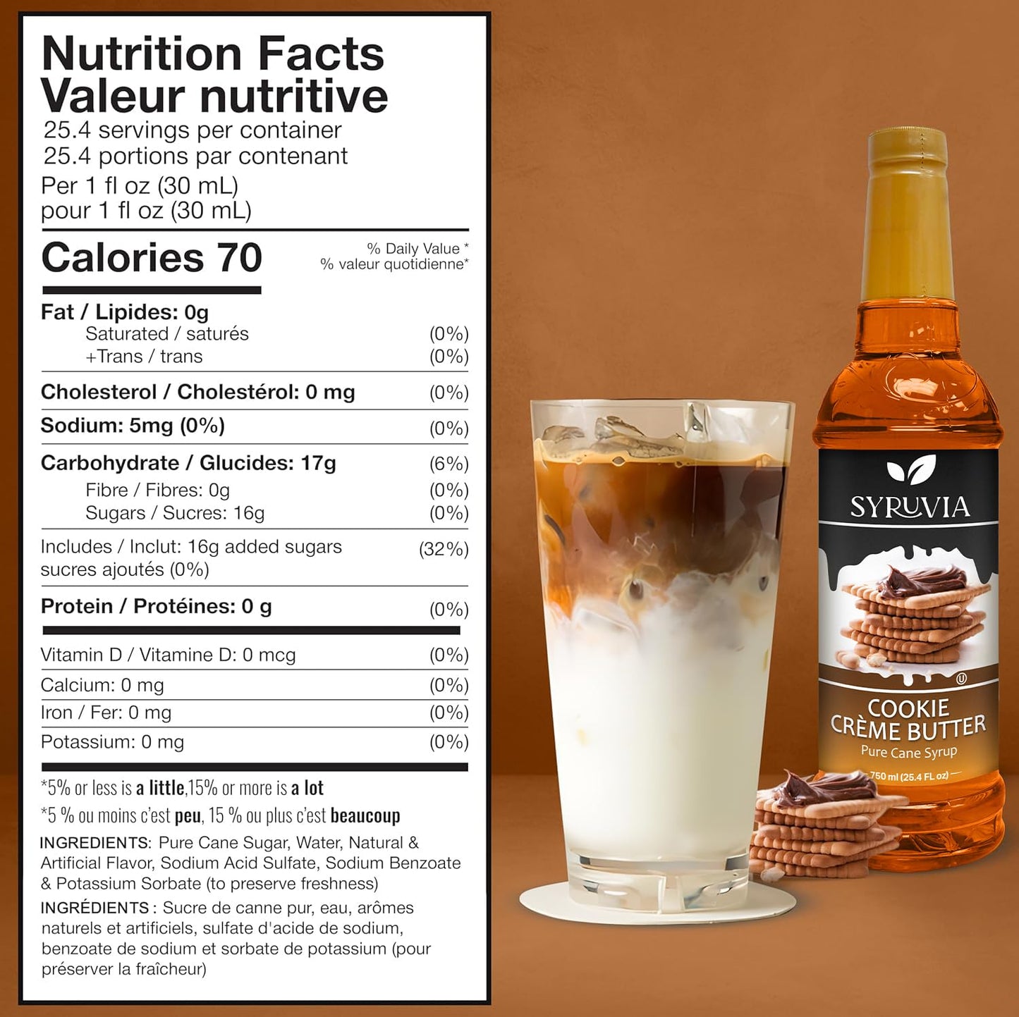 Syruvia Cookie Butter Coffee Syrup - 25.4 Fl Oz Premium Coffee Flavoring Syrup - Kosher Coffee Syrups, Gluten Free, No Coloring,