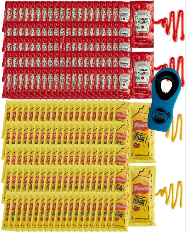 Gift Set: 100 Ketchup (9g) & 100 Mustard (7g) Packets - 200 Total Condement Packs with CMC Products Clip and Spreader (approxima