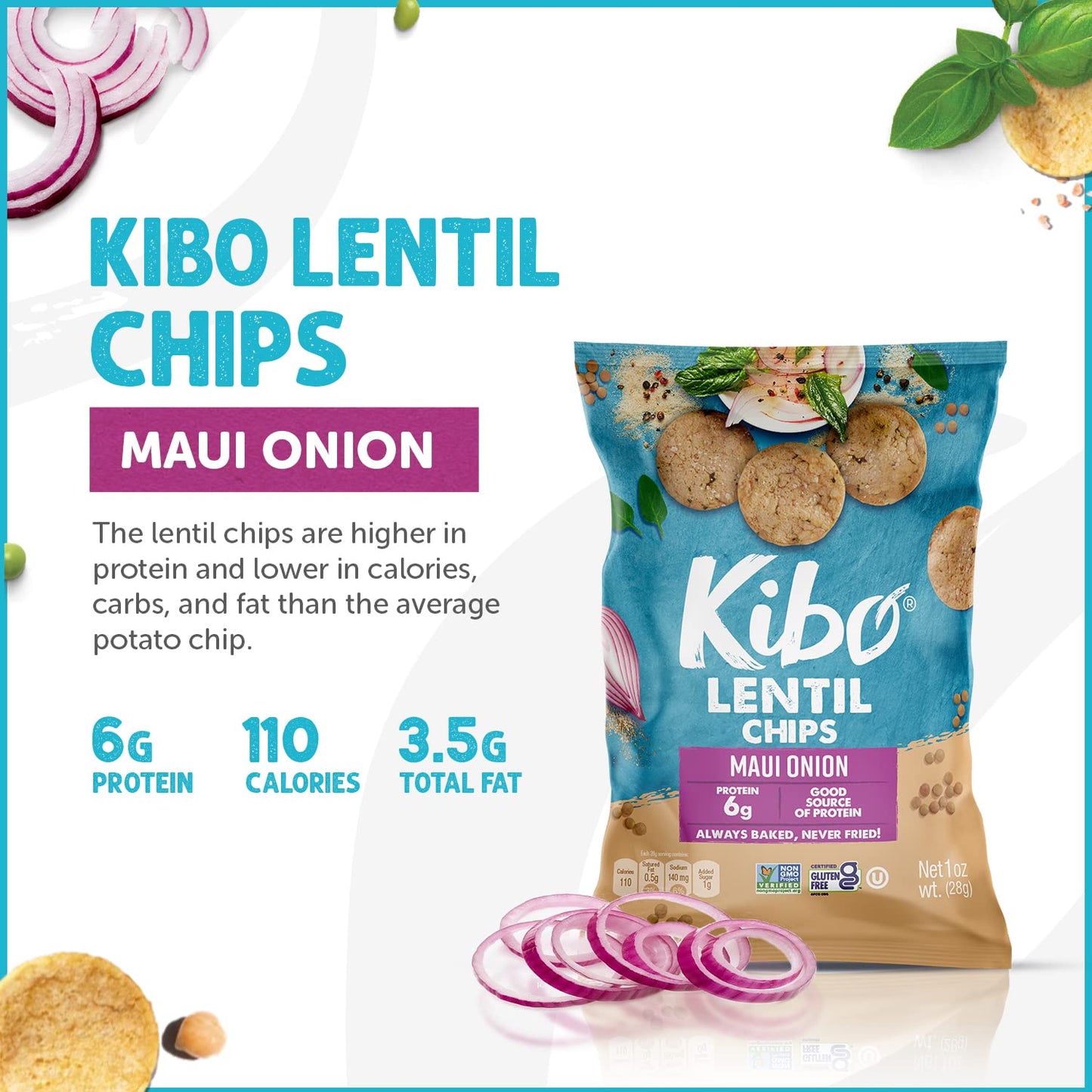 Kibo Maui Onion Flavor Gluten Free Non Gmo Plant Based Lentil Chips 28 Grams, 12 Pack