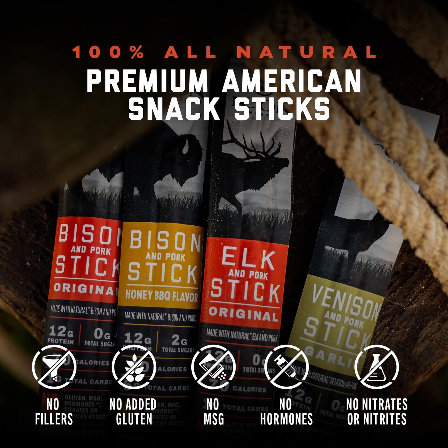 ICON Meats Snack Sticks Sampler - Assorted Bison, Elk, Venison, Pork - 24 Pack, 6 Sticks per Flavor - All Natural, USDA Approved