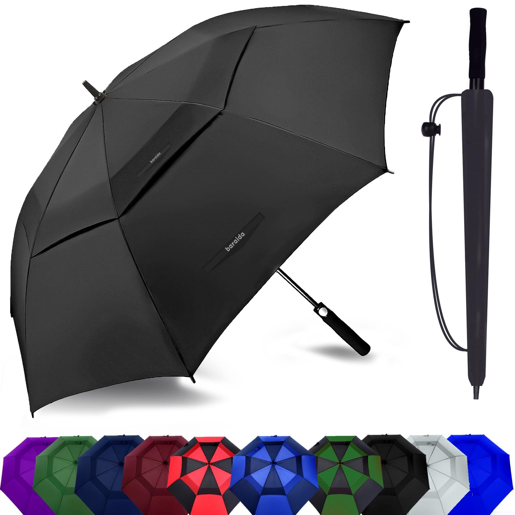 Baraida Golf Umbrella Large 62/68/72 Inch, Extra Large Oversize Double Canopy Vented Windproof Waterproof Umbrella, Automatic Open Golf Umbrella For Men And Women And Family.(62 Inch,Black)