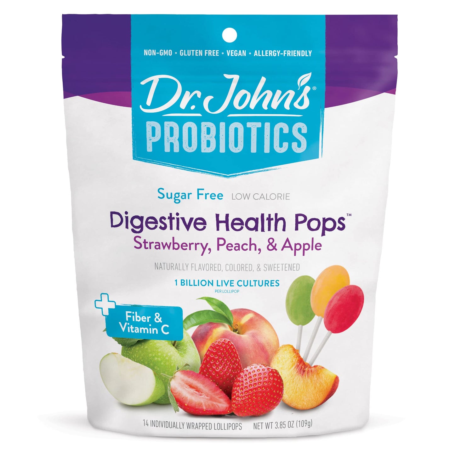 Dr. Johns Sugar Free Lollipops, Healthy Digestive Candy, Keto Friendly, Strawberry Peach & Apple, 14 Count, 3.85 OZ