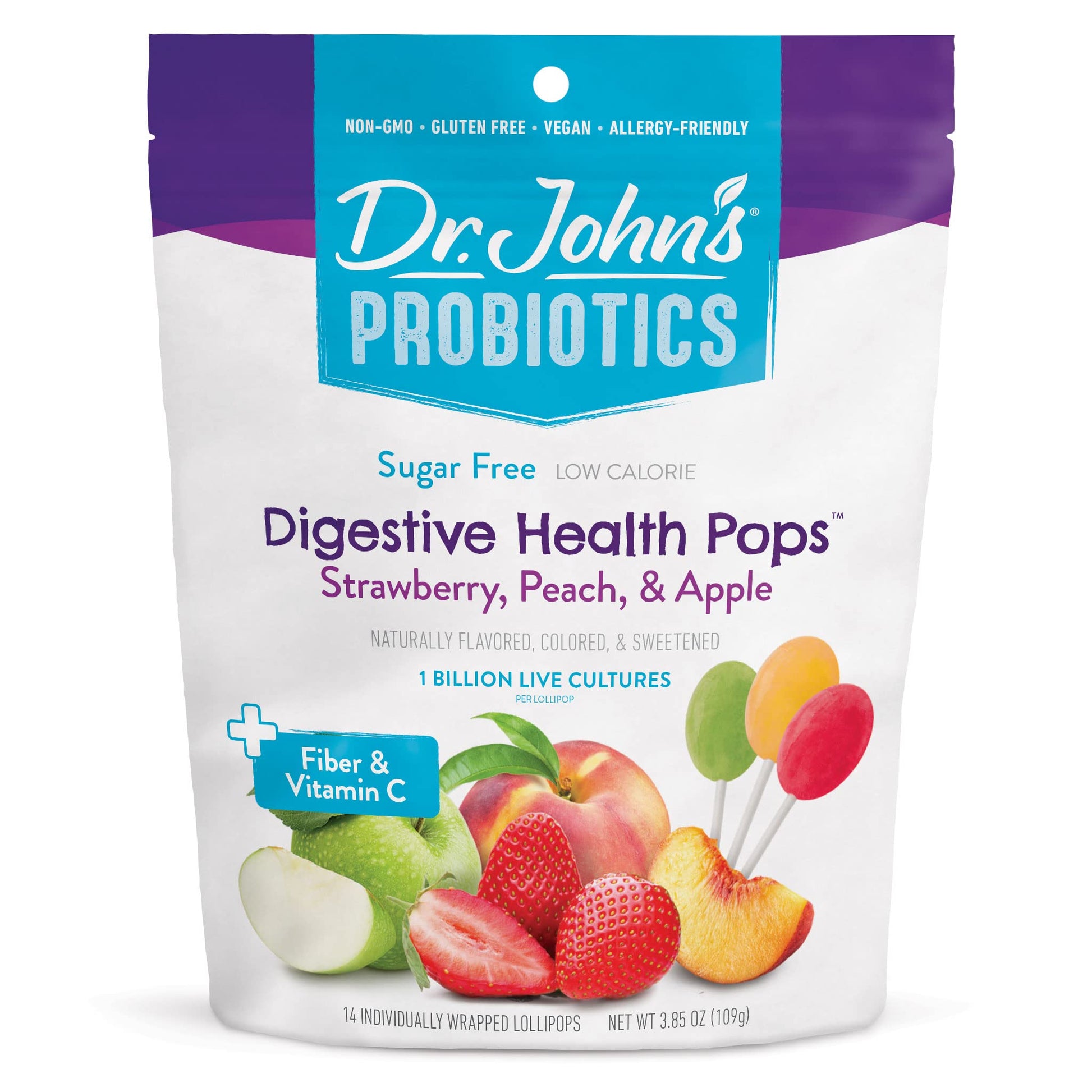 Dr. Johns Sugar Free Lollipops, Healthy Digestive Candy, Keto Friendly, Strawberry Peach & Apple, 14 Count, 3.85 OZ
