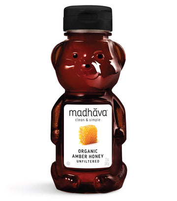 MADHAVA Organic Amber Honey, Unfiltered, Honey Bear (Pack of 6) Natural Sweetener, Sugar Alternative 100% Pure Organic HoneyPure
