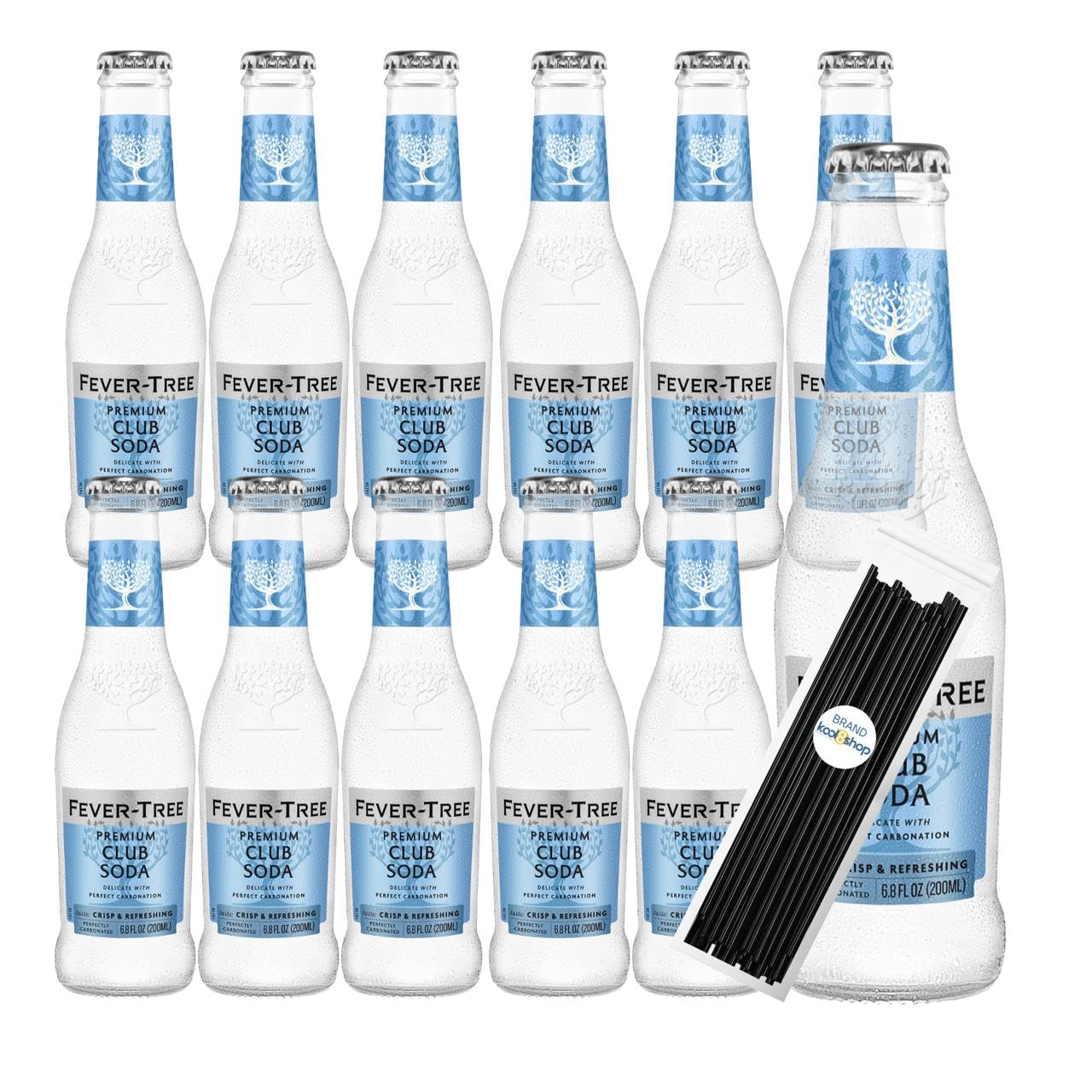 Fever Tree Club Soda Premium Mixer 6.8 fl oz Glass Bottles 12 Pack + 20 Plastic Stirrer Sticks by KOOL8SHOP Infinite Deals