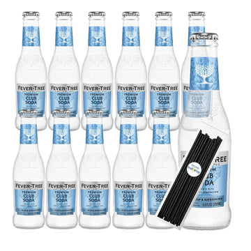 Fever Tree Club Soda Premium Mixer 6.8 fl oz Glass Bottles 12 Pack + 20 Plastic Stirrer Sticks by KOOL8SHOP Infinite Deals