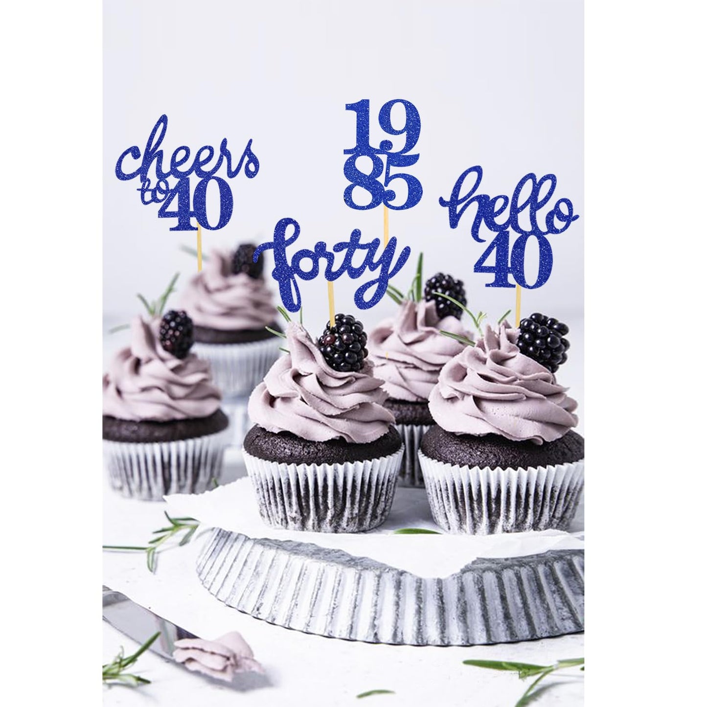 24 Pcs Glitter 40Th Birthday Cupcake Toppers For Celebrating Forty Years Old Birthday Party Decorations (Blue)