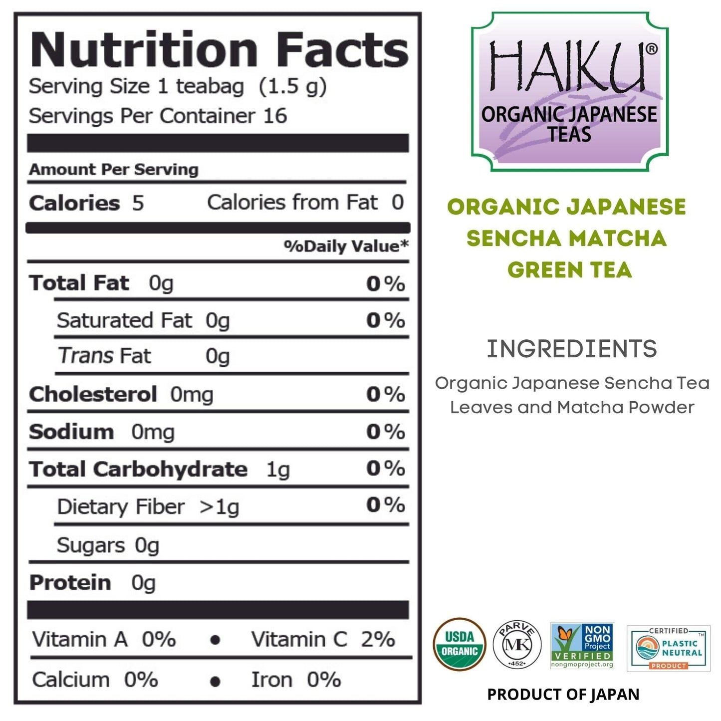 Haiku Organic Japanese Sencha Matcha Green Tea, Non-Gmo, Usda Organic, Kosher, Sencha Green Tea And Matcha Powder, 1 Box (16 Bag
