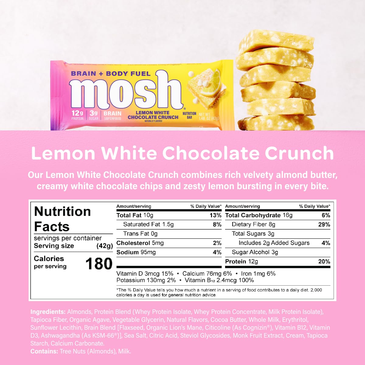 Mosh Lemon White Chocolate Keto Protein Bars, High Fiber, Low Carb, Gluten Free, High Protein, Brain Healthy Snack, 12 Count