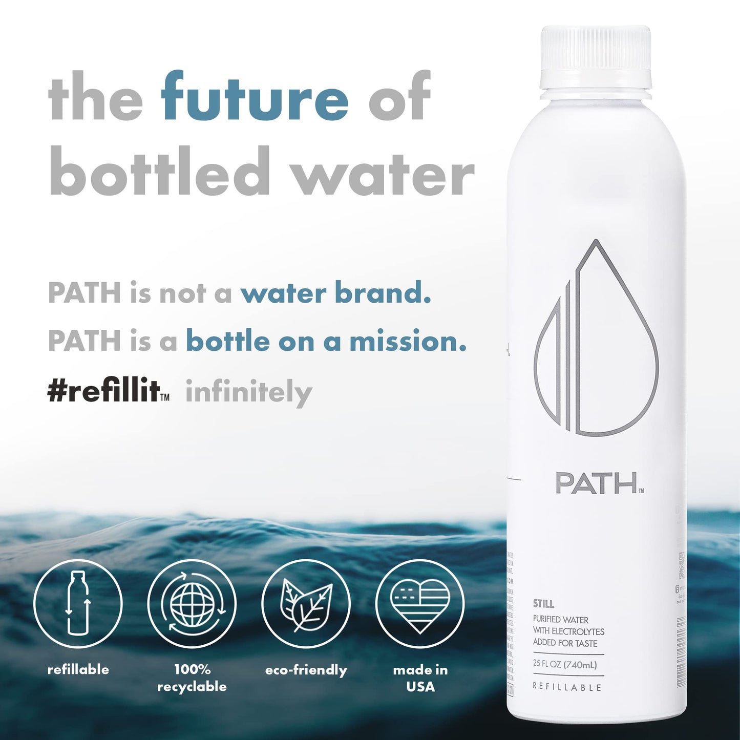 PATHWATER Ultra-Purified Bottled Water, BPA-Free, Reusable Aluminum Bottle, 25 fl oz, Pack of 18