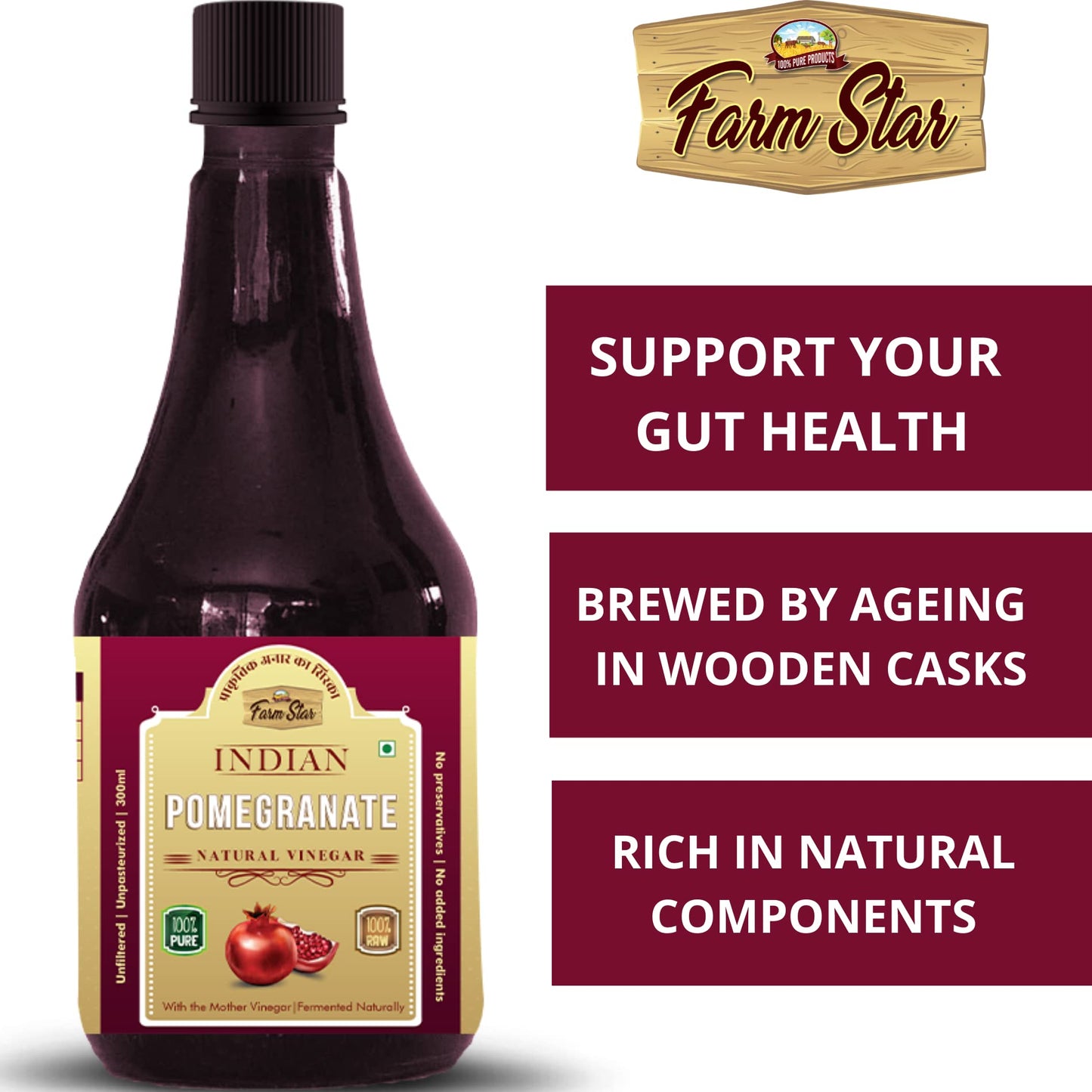 Farm Star Pomegranate Vinegar|Fermented,Raw,Unfiltered Anar Vinegar(300Ml)