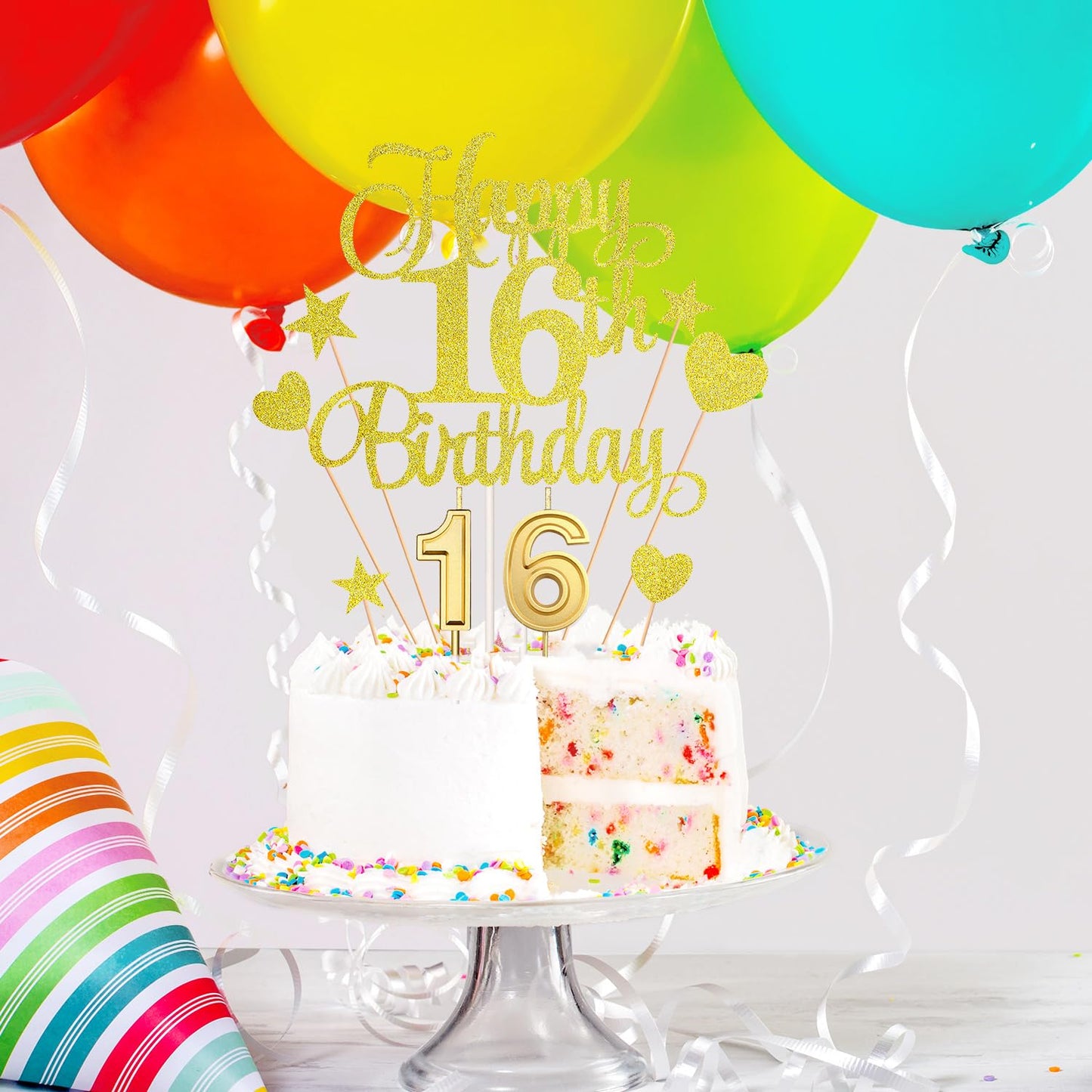HOGRTi 16th Birthday Cake Decorations Set, Gold Series, Includes Cake Candles and Toppers for Birthday Party