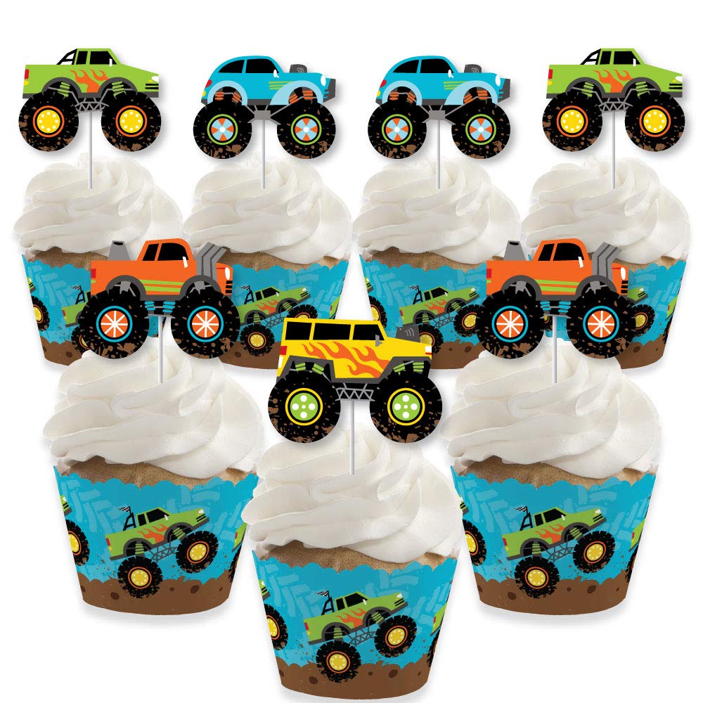 Big Dot of Happiness Monster Truck Cupcake Decoration Kit, Set of 24, Blue, Green, Orange, White, Model BT8111tpk