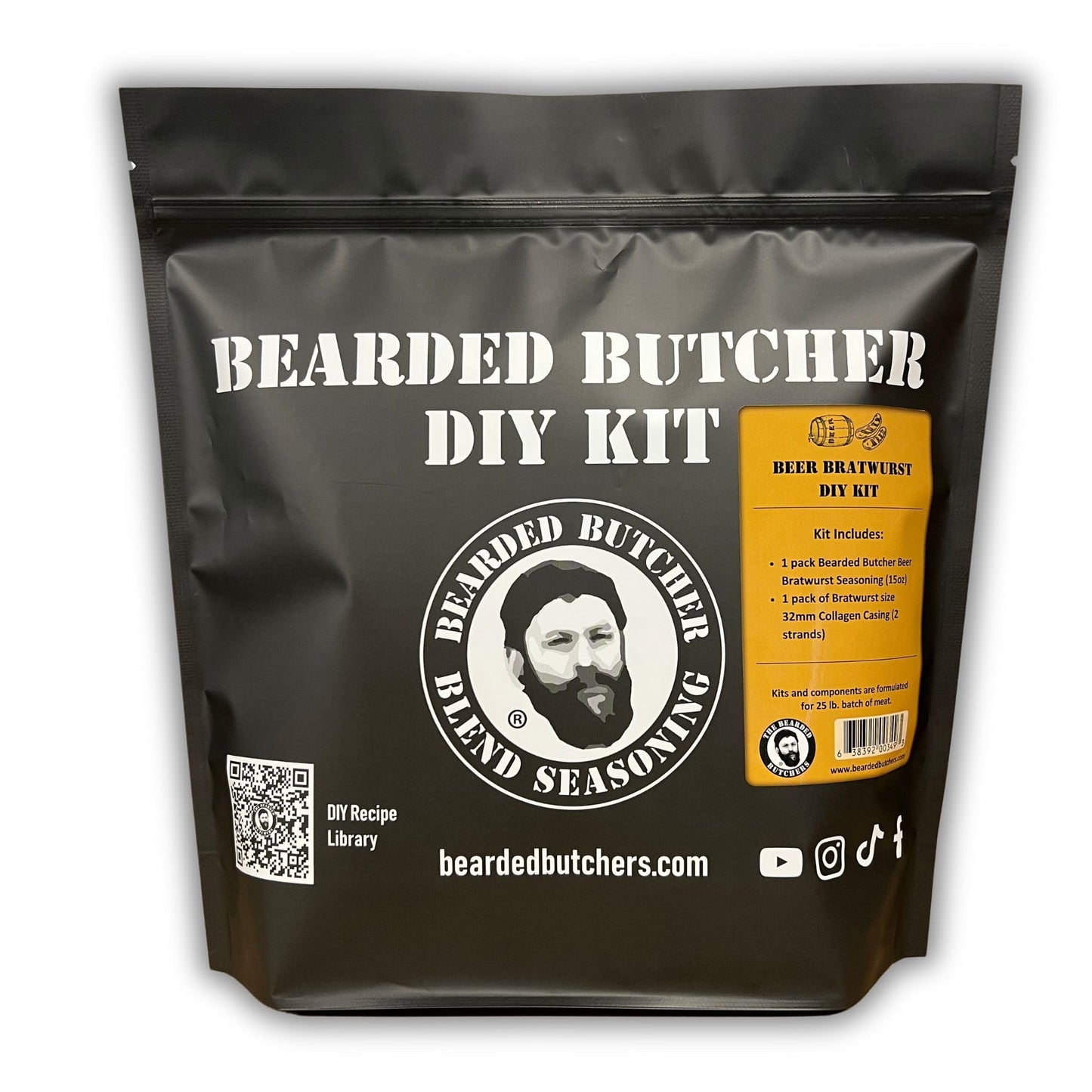 BEARDED BUTCHER BEER BRATWURST DIY KIT - Includes Seasoning & Casings for 25 lbs of Meat - 24 Ounce Pack