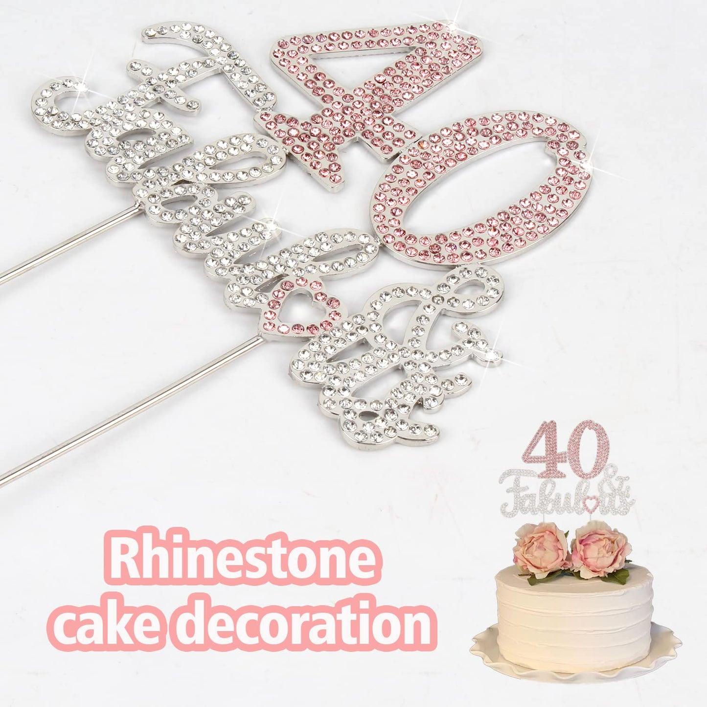 Laskyer 40 & Fabulous Silver Pink Rhinestone Cake Topper - Happy 40Th Birthday Cheers To Forty Years Old Bday Party Metal Sparkl