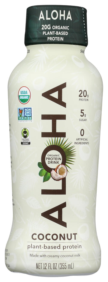 Aloha Plant-Based Organic Protein Drink, Coconut, 20g Protein, 5g Sugar, Zero Artificial Ingredients, Fair Trade, Vegan, Kosher,