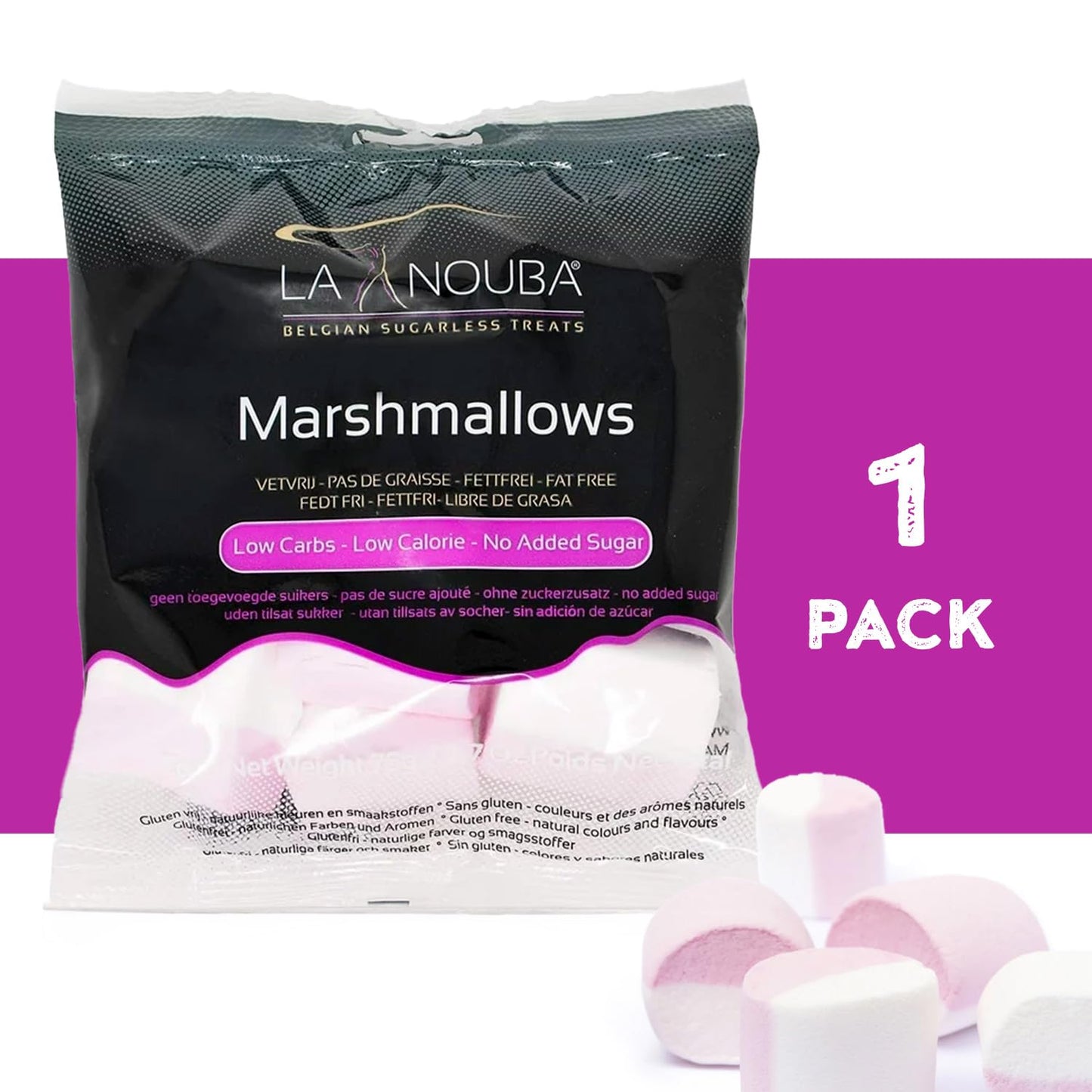 La Nouba Sugar-Free Marshmallows - 2.7 oz. Pack - Low Calorie, Low Carb, Fat-Free and Gluten Free Snack - Traditional Delicious 
