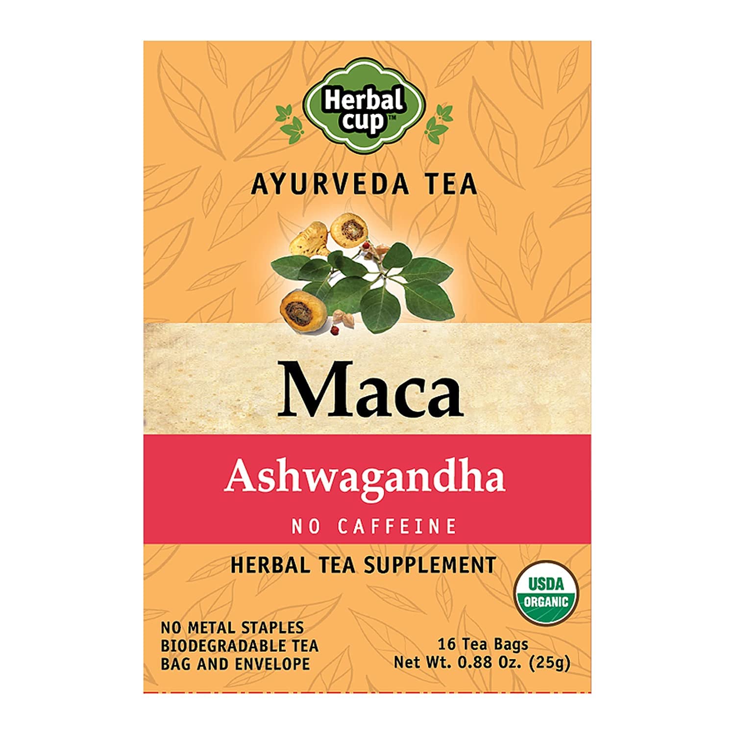 Herbal Cup Ayurveda Maca Tea  Organic Ashwagandha  No Energy Blend Herbal Teas (16 Count  Pack Of 6)