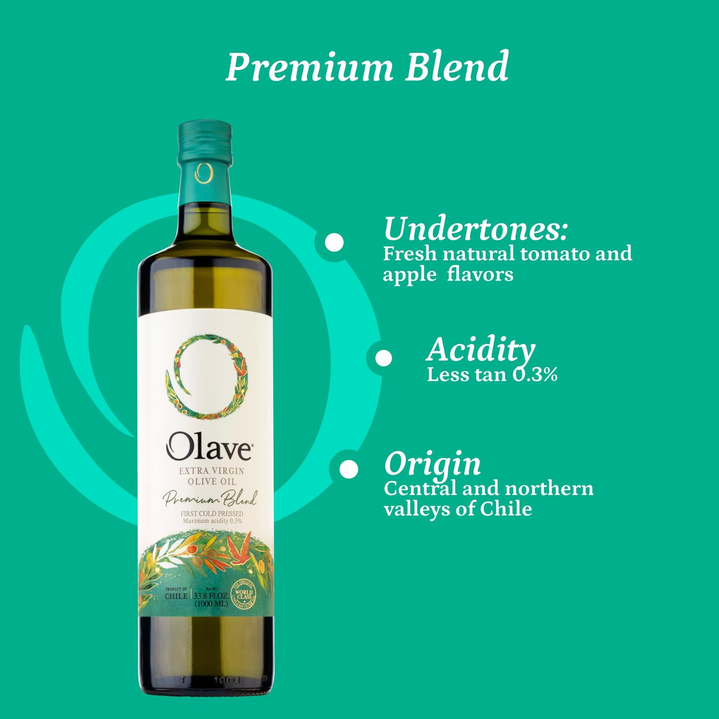 Olave Chilean Olive Oil - Extra Virgin Blend - First Cold Press - Flavorful For Salads, Veggies, Bread And Soup - Premium Olive