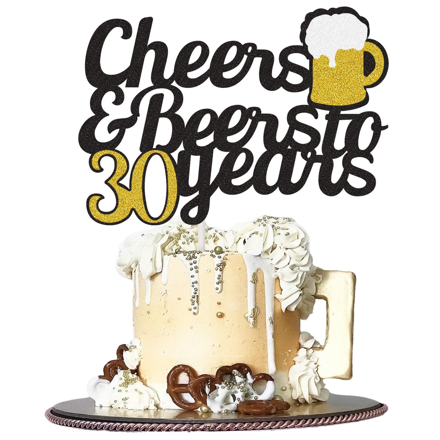Cheers To 30 Years Cake Topper, Happy 30Th Birthday Cake Topper, 30Th Anniversary Thirty Birthday Party Supplies Black And Gold