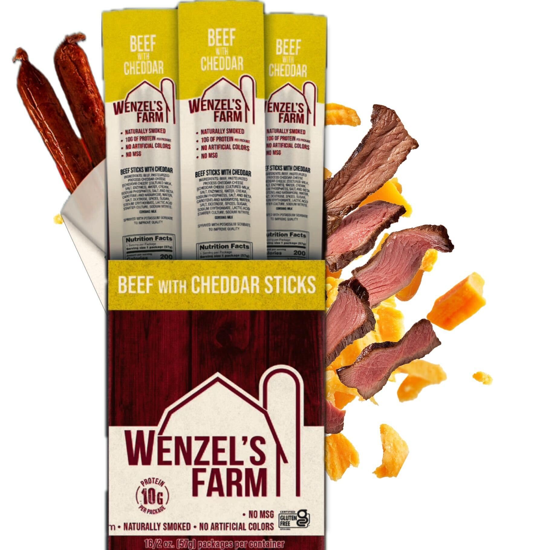 Wenzels Farm Beef with Cheddar Snack Sticks, High Protein, Gluten Free, 32 Count