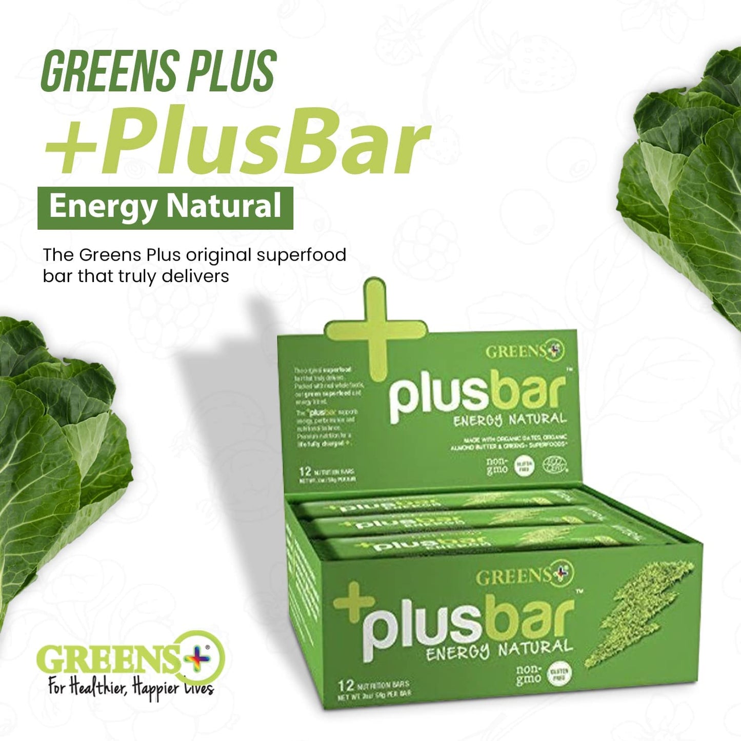 Greens+ Plusbar Energy, Natural, Gluten-Free Snack With Super Greens, Superfoods & Almond Butter, Vegan, Dairy-Free, Non-Gmo, 10G Protein Meal Replacement, 12 Pack