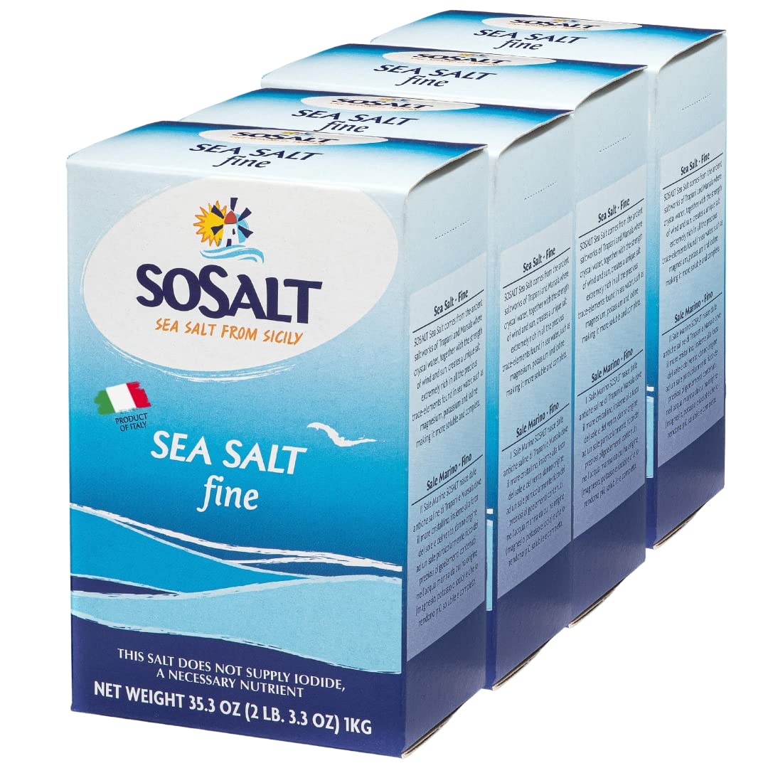 SOSALT DAL MARE DI TRAPANI Natural Sea Salt, 4 Pack of 1 kg (35.3 oz), Sicilian Mediterranean Sea Salt