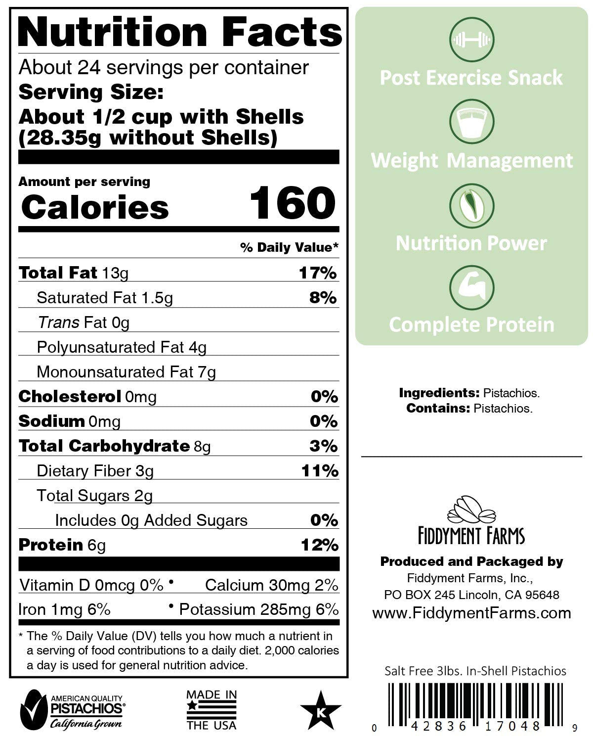 Fiddyment Farms 3Lb Unsalted In-Shell Pistachios