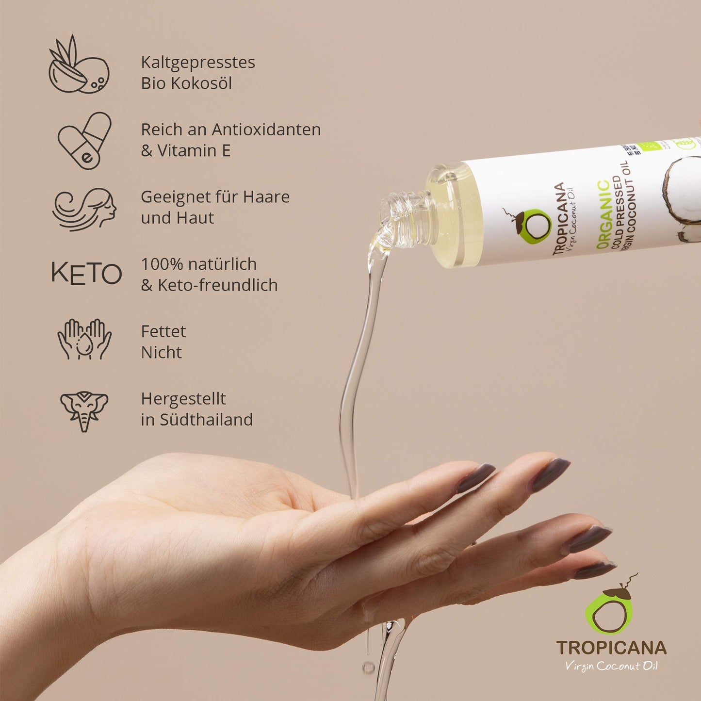 TROPICANA Virgin Coconut Oil, 100% Organic, Cold-Pressed, 100 ml (3.38 fl. oz.)
