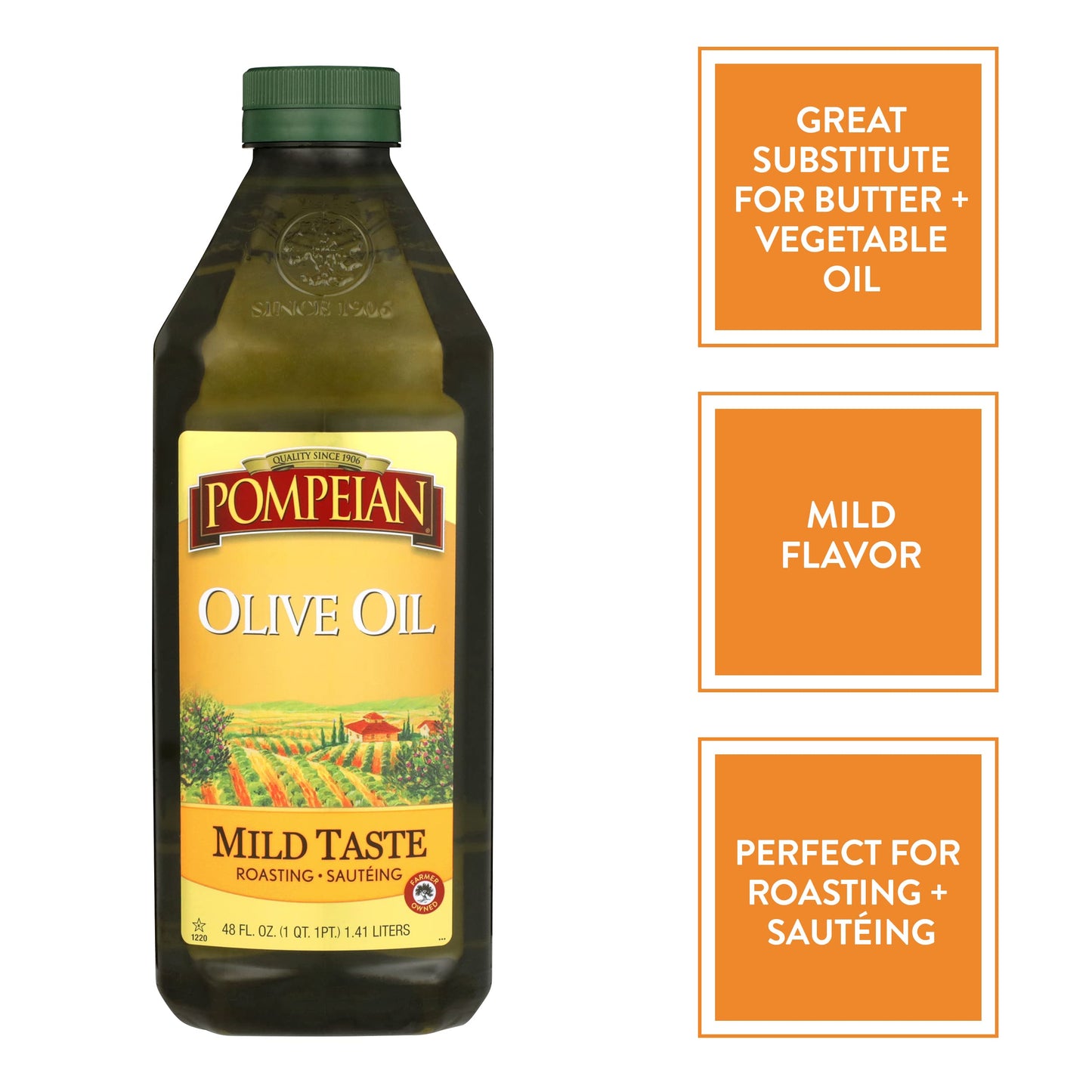 Pompeian Mild Taste Olive Oil, Perfect For Roasting & Sauteing, Naturally Gluten Free, Non-Allergenic, Non-Gmo, 48 Fl. Oz.