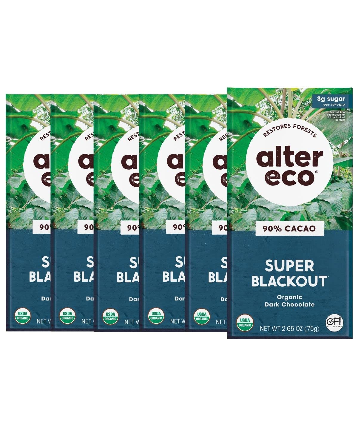 Alter Eco | Dark Chocolate Bars | Pure Dark Cocoa  Fair Trade  Organic  Non-Gmo  Gluten Free (6-Pack Super Blackout)