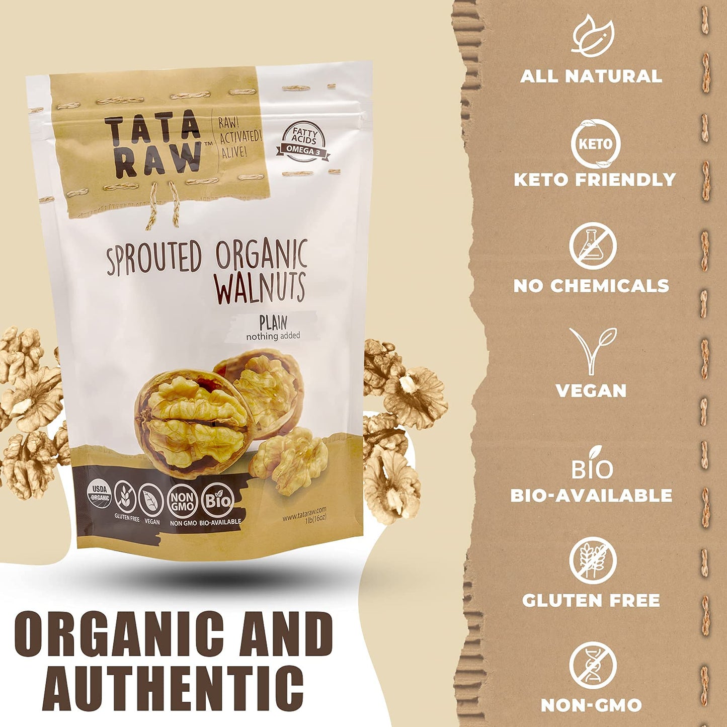 Tata Raw - Sprouted Organic Walnuts - Plain. Nothing Added -1 Lb. Soaked & Air Dried Super Quality. Raw. Alive. Activated. Fresh