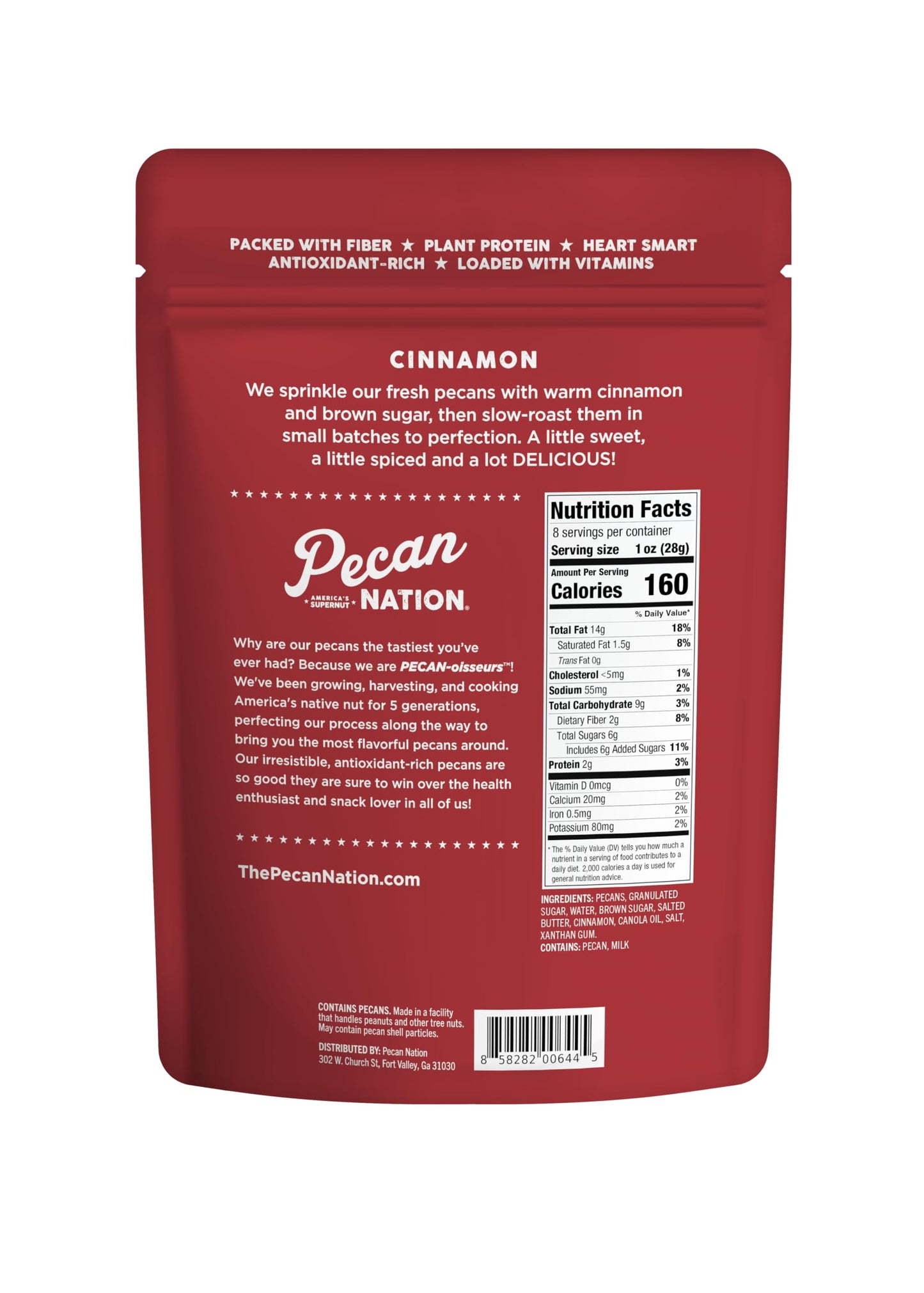 Pecan Nation Cinnamon Flavored Roasted Pecan Halves, 8 oz, Non-GMO, Natural, Antioxidant-Rich, Healthy Snack, Brown