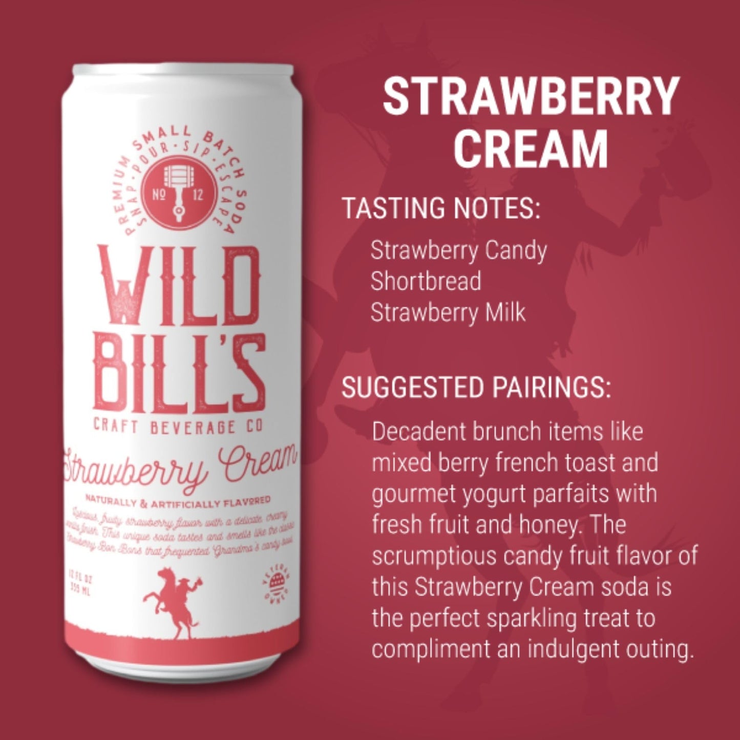 Wild Bills Strawberry Cream Soda, Classic Craft Soda, Caffeine Free, Gluten Free, Vegan, 12 Fl Oz, 12 Pack