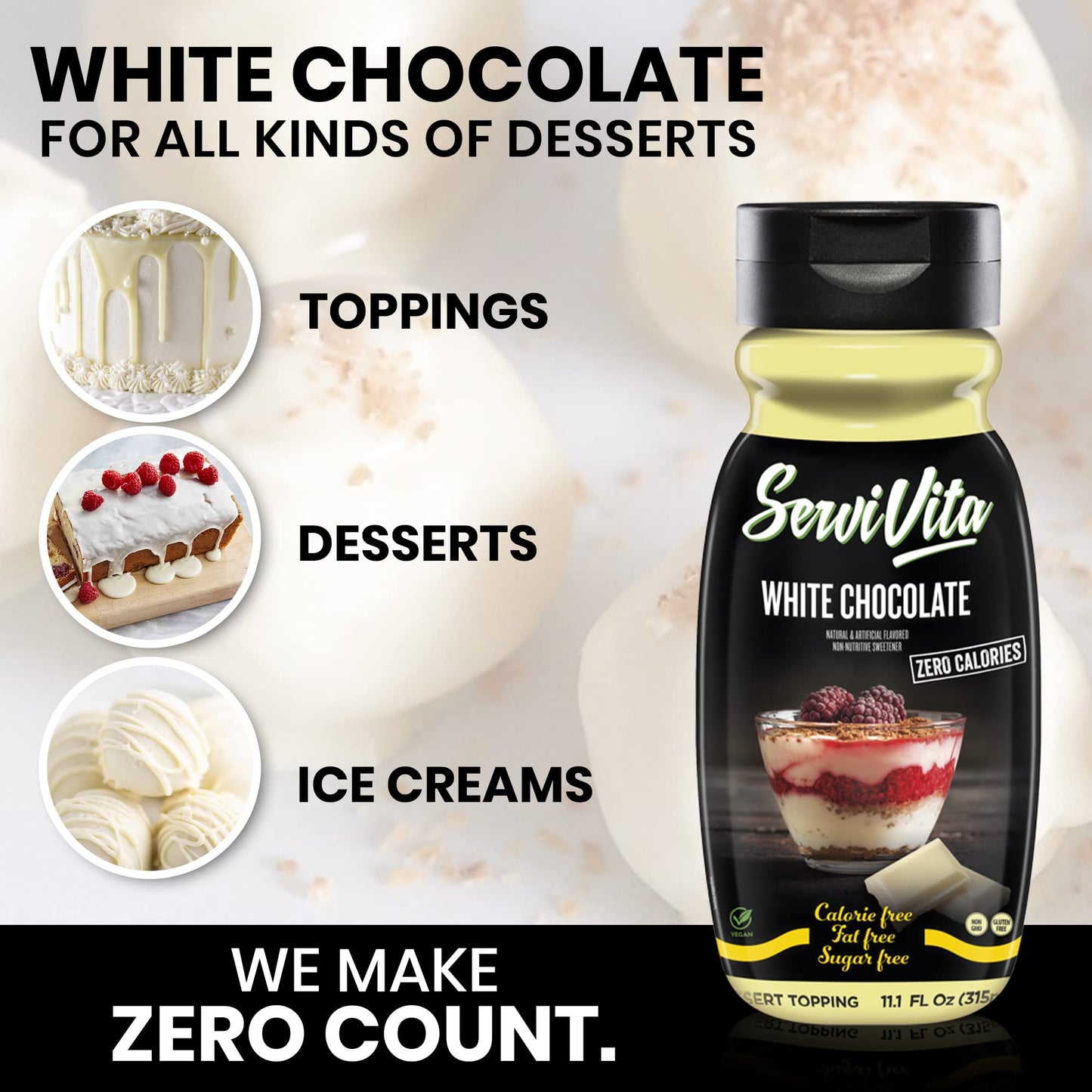 Sugar Free WHITE CHOCOLATE Syrup Zero Calories and Fat Free Topping, 11.1 FL OZ - No Sugar White Chocolate Syrup Dessert Topping