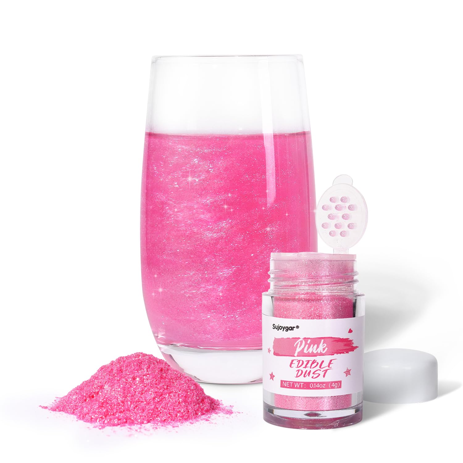 Sujoygar Pink Edible Glitter for Cocktails Drinks, Luster Dust Edible for Cake Decorating Baking Chocolate Strawberrie, 4g Food 