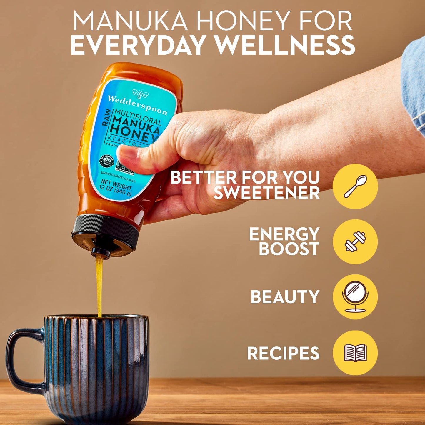 Wedderspoon Raw Premium Manuka Honey, Kfactor 12, 12 Oz, Unpasteurized, Genuine New Zealand Honey, Non-Gmo Superfood, Traceable