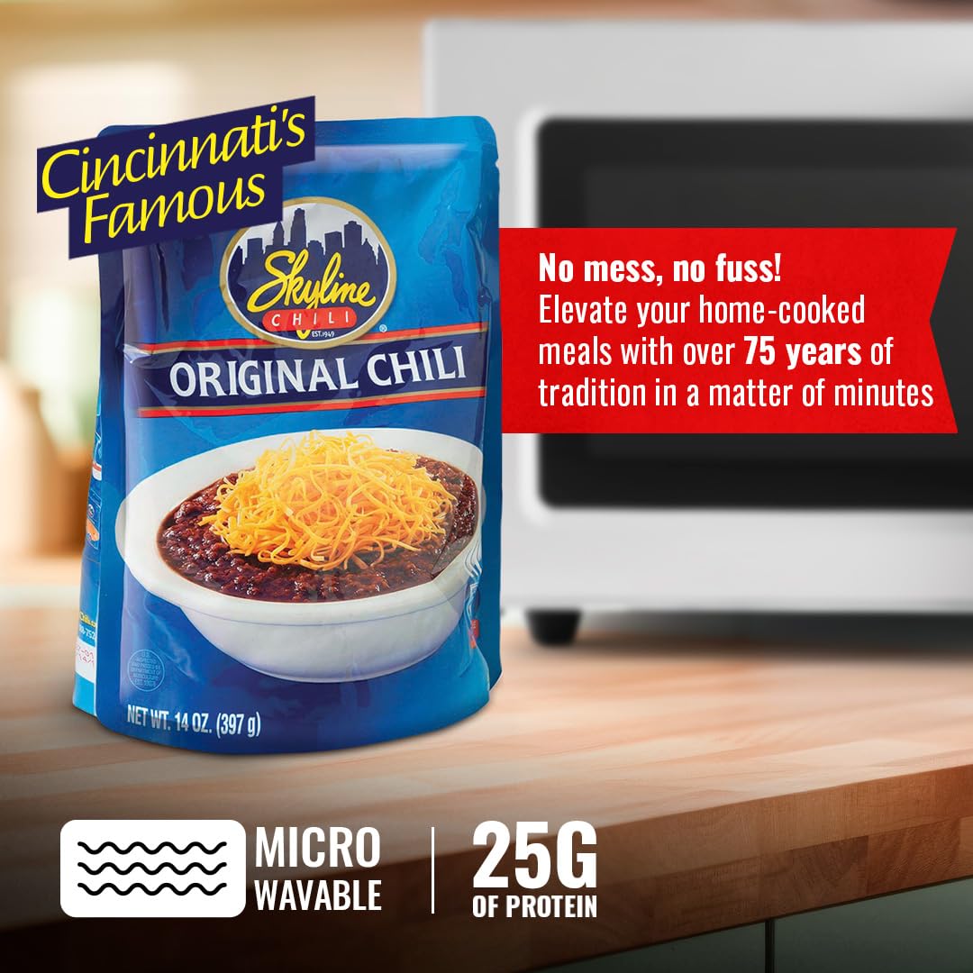 Skyline Chili Original Cincinnati-Style Chili - Authentic Recipe In Microwavable Pouches - Ideal For Cheese Coneys, Hot Dogs, &