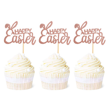 Ercadio 36 Pack Happy Easter Cupcake Toppers Rose Gold Glitter Bunney Ear Cupcake Picks Happy Easter Theme Party Cake Decoration