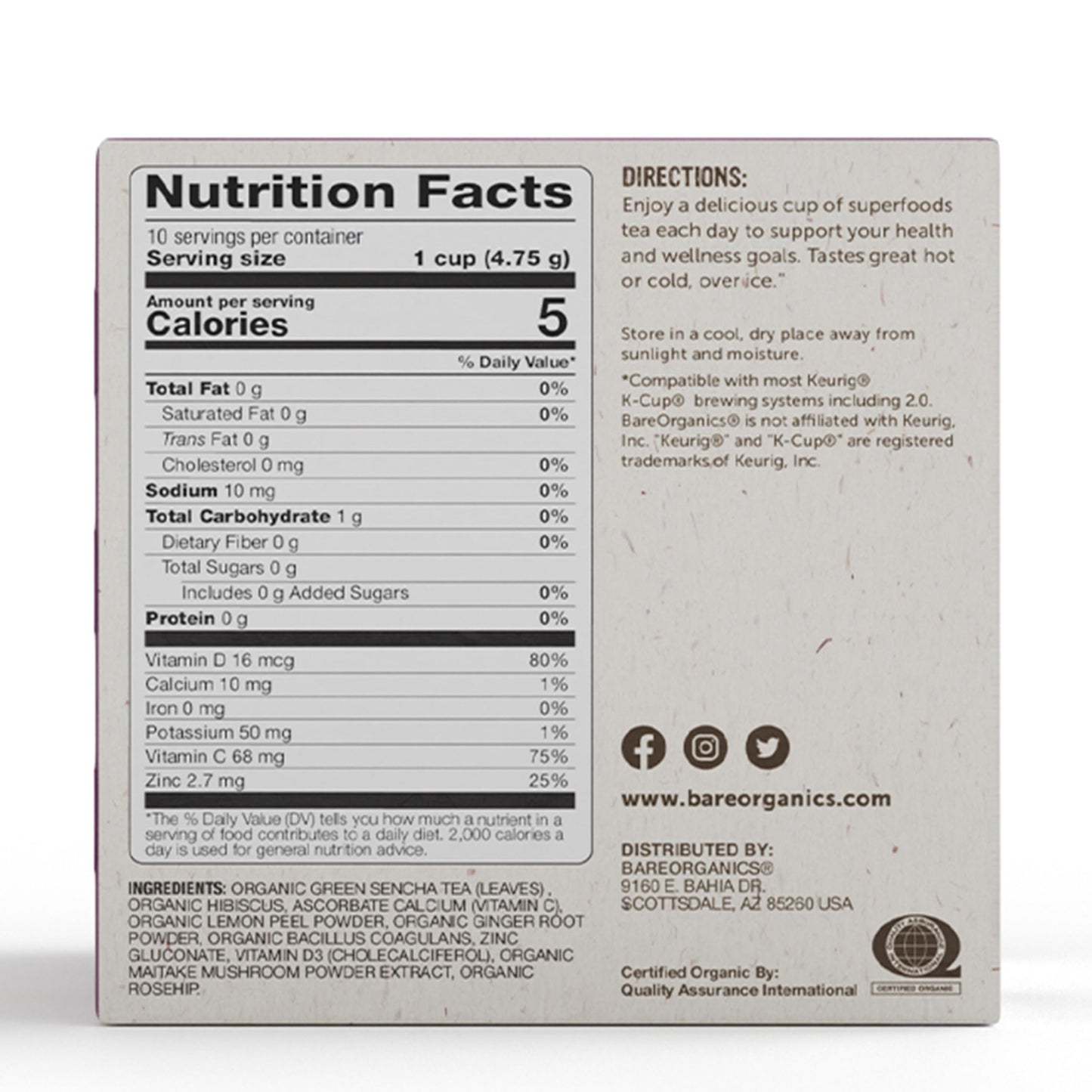 BareOrganics DAILY DEFENSE TEA (Organic) with superfoods and Probiotics  10ct single serve Cups