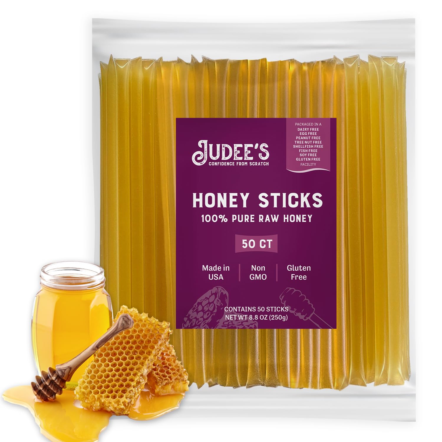 Judees Pure Raw Honey Sticks - Gluten-Free On-the-Go Snacks - 50 Count - 7-Inch Straws for Tea, Coffee, and Desserts